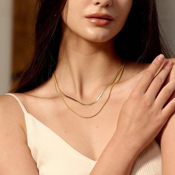 14K Gold/Silver Plated Snake Chain Necklace Herringbone Necklace Gold Choker Nec - Picture 4 of 7